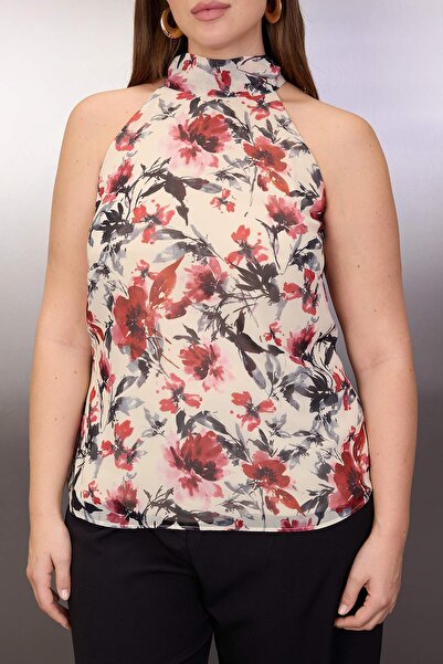 Trendyol Curve Πολύχρωμη μπλούζα με υψηλό γιακά με λεπτομέρεια από σάλι με λουλουδάτο σιφόν υφαντό μεγάλου μεγέθους TBBAW26AF00071