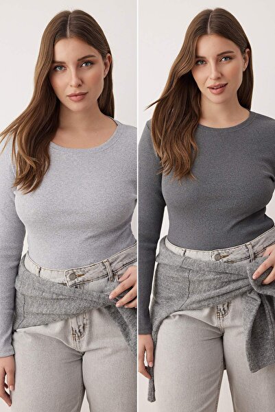 Trendyol Curve Ανθρακί-Γκρι 2-συσκευασία Crop Camisole Πλεκτή Μπλούζα Plus Size TBBAW26AF00055