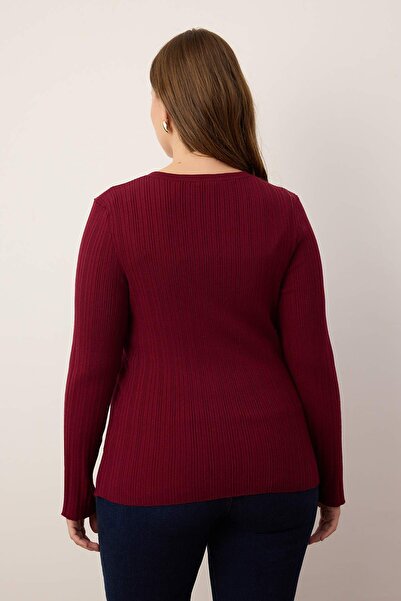 Trendyol Curve Burgundy 2-Piece Ribbed Premium/Special Yarn Soft Textured Thin Knitwear Cardigan-Blouse Set Tbbaw26Av00033