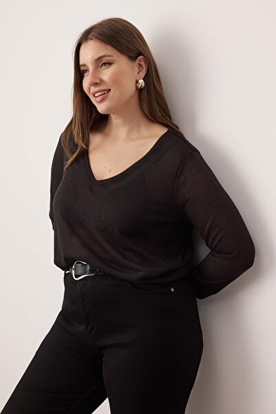 Trendyol Curve Black Flamed Single Jersey Knitted Plus Size Blouse