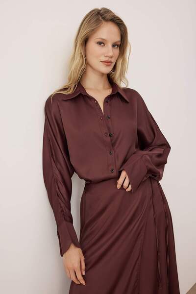 Trendyol Collection Body Unselective Brown Satin Woven Shirt Twoaw26Go00088