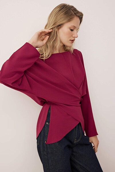 Trendyol Collection Body Unselective Burgundy Double Breasted Tie-Up Woven Blouse Twoaw26Bz00232