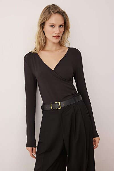 Trendyol Collection Black Soft Touch Double Breasted Draped Bottom Snap Fastener Flexible Knitted Bodysuit Twoaw26Bd00015