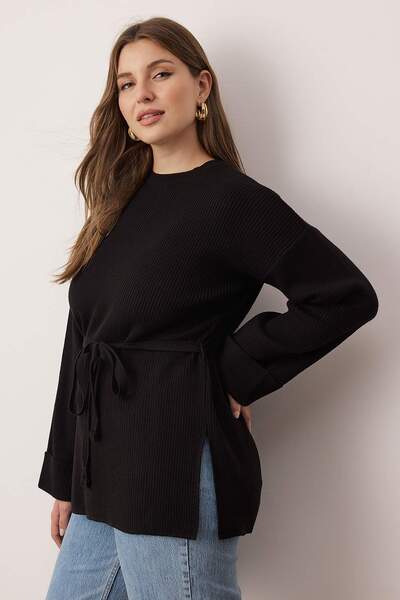Trendyol Curve Black Belted Long Knit Sweater Tbbaw26An00038