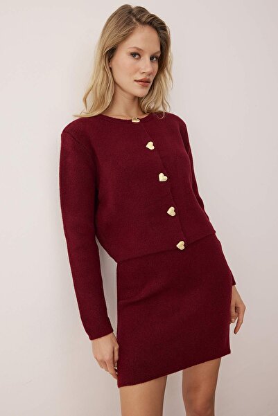 Trendyol Collection Burgundy Heart Button Detailed Knitwear Bottom - Top Set Twoaw26Au00132