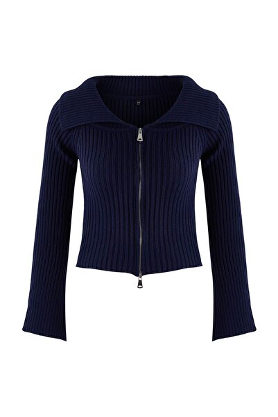 Trendyol Collection Navy Blue Turn-Down Collar Double Zipper Knitwear Cardigan Twoaw26Hi00282
