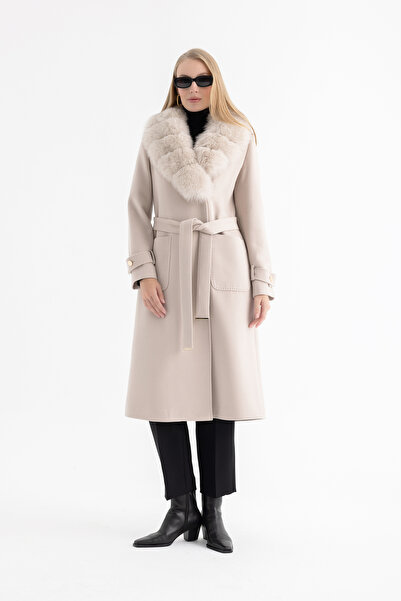 Mia Kara Long Women's Coat with Pockets, Cuffed Sleeves, Fur Collar 4161 - Stone