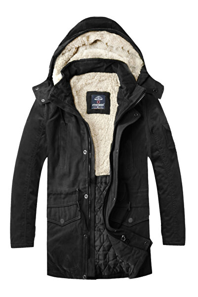 alaska the last frontier Erkek Siyah Slim Fit Çıkarılabilir Kapüşonlu Gabardi...