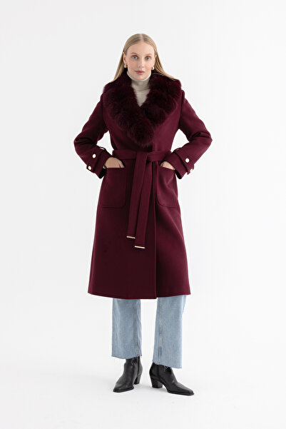 Mia Kara Long Women's Coat with Pocket and Cuff Detailing, Fur Collar, 4161 -...