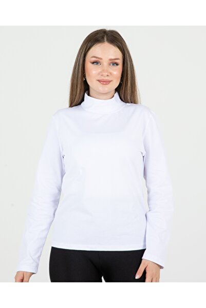 Sortie Women's Half Turtleneck Regular Fit Midi Length Long Sleeve Lycra White Combed Cotton