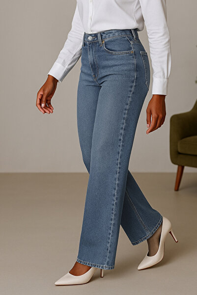 CEDY DENIM Dámské bavlněné džínové kalhoty Palazzo s vysokým pasem modré C-613-modré