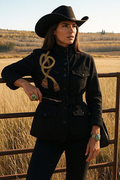 GZ Design Gold Püskül Işlemeli Siyah Renk Jean Ceket