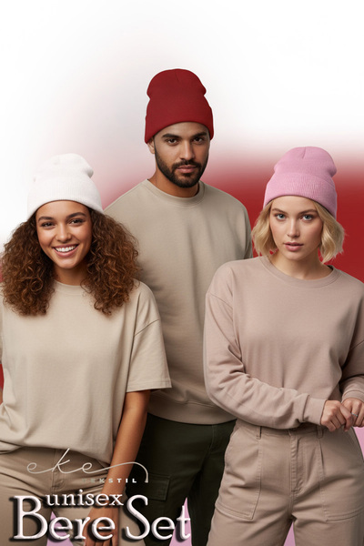 Eke Tekstil Unisex Katlamalı Kırmızı,pembe,beyaz 3'lü Bere Seti