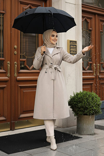 Neva Style Beige Stamped Hijab Coat - Belted, Model 61210Beige