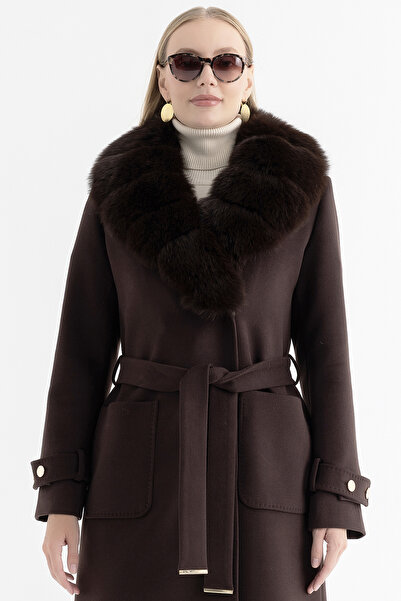 Mia Kara معطف نسائي طويل من الفرو مع جيوب وأكمام وأصفاد 4161 - بني غامق