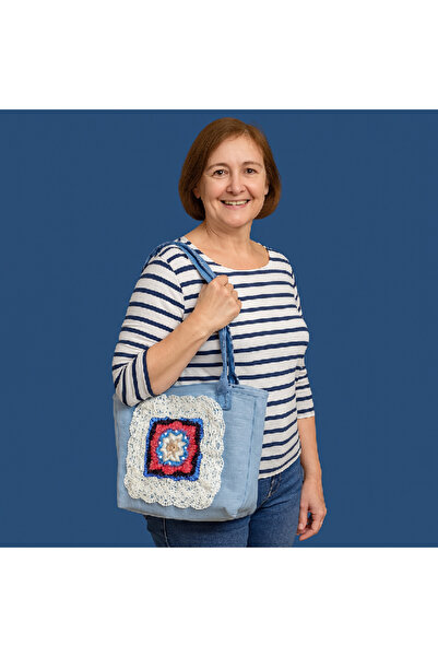 Lucille Craftshop Geantă albastră din denim cu aplicație croșetată – lucrată manual, unică