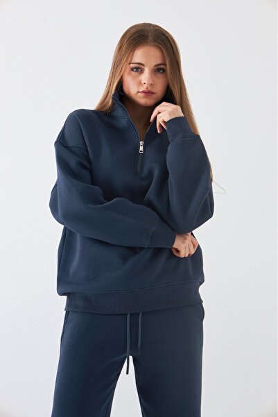 The Champ Clothing Unisex Oversize Sweatshirt Basic Marine – Ψηλός γιακάς με μισό φερμουάρ, 3 κλωστές από φλις με ανάλαφρο χρώμα