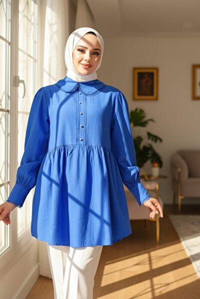 Neva Style Bebe Yaka Sax Mavisi Tesettür Tunik 40691SX