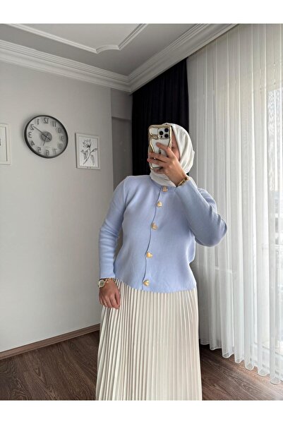 RFK Butik Kadın Etek Üstü Gold Kalp Düğme Detaylı Triko Tesettür Hırka - Bebe Mavisi