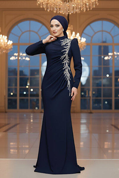 Neva Style Beaded Navy Blue Hijab Evening Dress 4964L