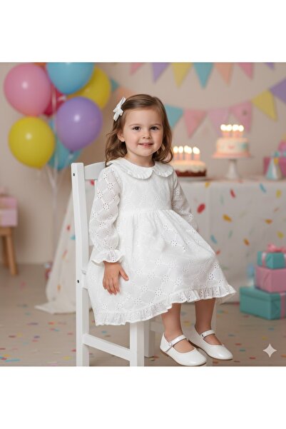 Serackids Rochie albă cu mânecă lungă cu guler festonat pentru fetiță - Jesicca