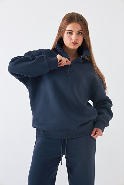 The Champ Clothing Unisex Oversize Sweatshirt Basic Marine – Ψηλός γιακάς με μισό φερμουάρ, 3 κλωστές από φλις με ανάλαφρο χρώμα