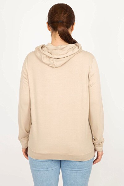 Şans Women's Mink Large Size Hooded Print and Stone Detailed Sweatshirt 65n35944