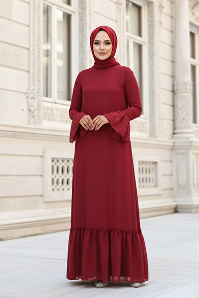 Neva Style Rochie Hijab Roșu Claret cu mâneci 5729br