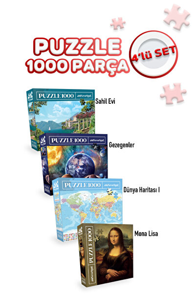 Neverland 4 Adet 1000 Parça Puzzle - Gezegenler / Dünya Haritası I / Mona Lisa / Sahil Evi