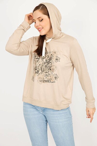 Şans Women's Mink Large Size Hooded Print and Stone Detailed Sweatshirt 65n35944