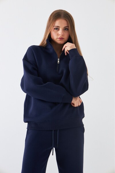 The Champ Clothing Unisex Oversize Sweatshirt Basic Navy Blue – Ψηλός γιακάς με μισό φερμουάρ, 3 κλωστές από φλις με ανάλαφρο χρώμα