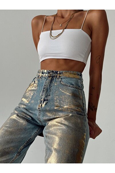 MADAME MELEK Varaklı Palazzo Denim Pants Jeans