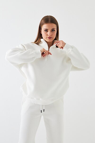 The Champ Clothing Унисекс суитшърт с голям размер Basic White – поло с половин цип и яка, 3-нишка, изгладен поларен