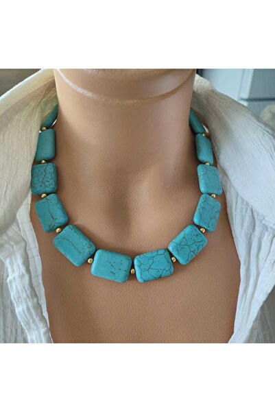 elinasaccessories El Yapımı Doğal Turkuaz(firuze) Kolye Tasma Kolye Choker,do...