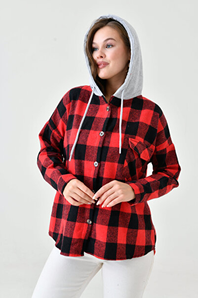 MAMAYAGA Kadın Desenli Renkli Oduncu Oversize Bol ve Geniş Kalıp Casual Çift Kapüşonlu Ceket Gömlek