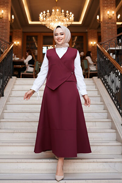 N.S NEVA STYLE Burgundy Hijab Skirted Double Suit 75471Br