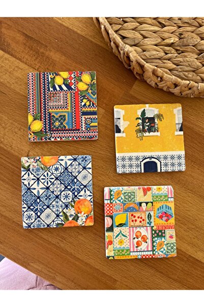 arslart İtalyan Mermeri ve evleri Temalı Renkli Desenli Doğal Taş Bardak Altl...