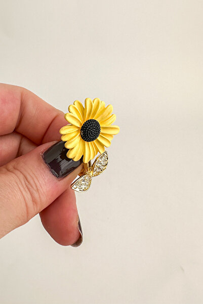 Modex Altın Rengi Yaprak Detay Taşlı Sarı Ay Çiçeği Broş (3cm)