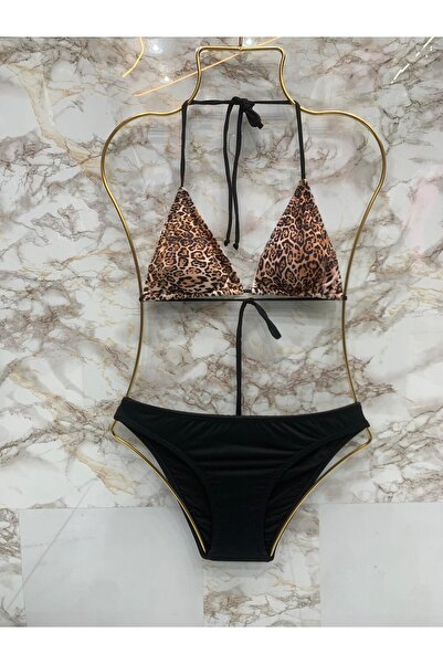 VAJESTO Kadın Leopar Likralı Esnek Boyundan Bağlamalı Şık İpli Üçgen Bikini Takımı