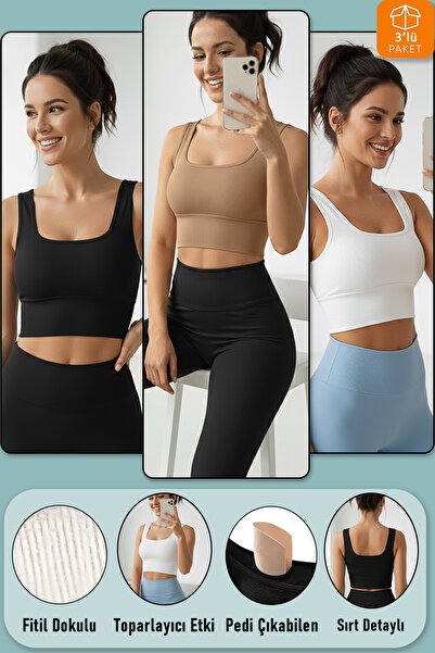 SHİBA Crop 3 adet Kalın Askılı Pedli Crop Spor Sütyeni Yarım Atlet Büstiyer Bluz Siyah Beyaz Ten