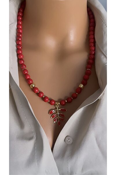 Nevaa Still Sıkma mercan doğaltaş altın kaplama uç yaprak çoklu kolye