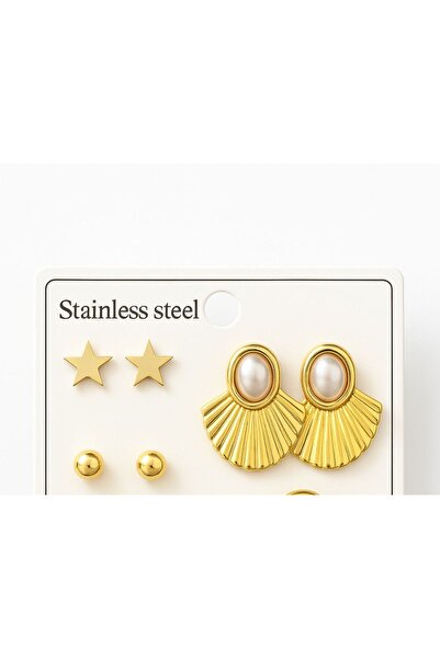 Goche New Women's Gold Color Steel Earrings Set - Star, Top Model and Shell Design with Pearls 3-Piece Earrings Set