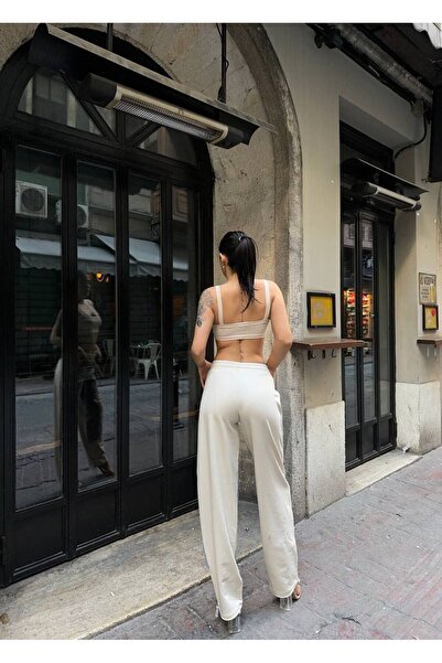 GAMZE ALPTEKİN Women's Khaki Tint Laser-Detailed Skater Jogger Fit Denim Jogger Pants Baggy Model