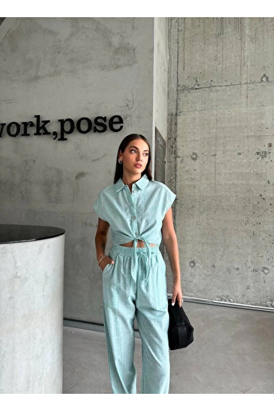 Serero Shirt Collar Striped Water Green Sleeveless Linen Women's Crop Pants Set