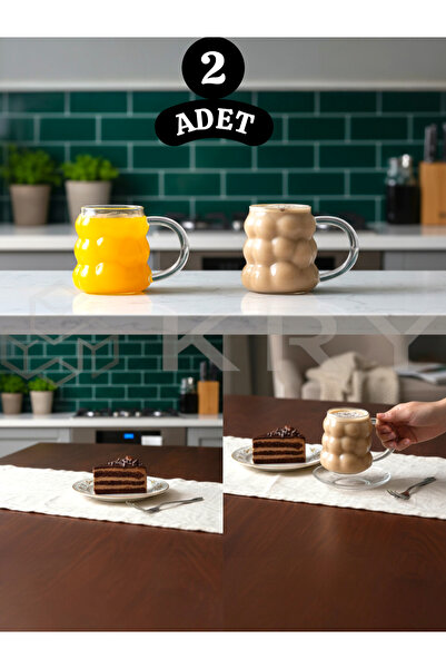 KRY 2’li Üzüm Kabartmalı Borosilikat Cam Kulplu Kupa Bardak – 350 ml