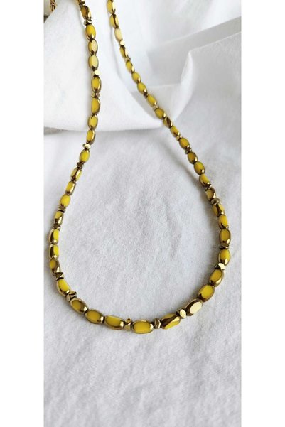 MITH SB TAKI Stainless Steel Special Retro Design Yellow Czech Glass Bead & Hematite Necklace-No2