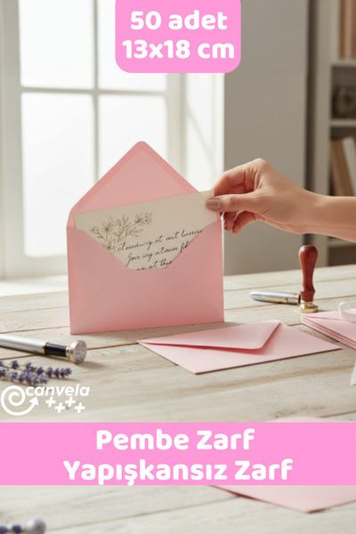 İstisna 50 Adet 13x18 Cm Pembe Zarf Davetiye Lüks Tebrik Kartı Mektup Mühür C...
