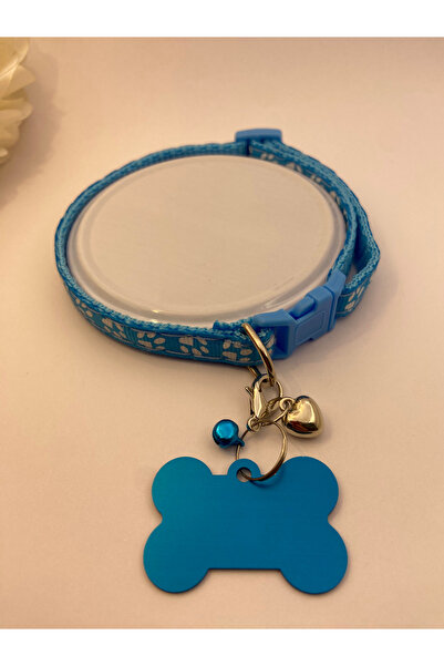 Store Mavi Ayarlanabilir Kedi tasması küçük ırk Köpek Tasması Kişiye Özel Metal Isimlikli Kalp Charmlı