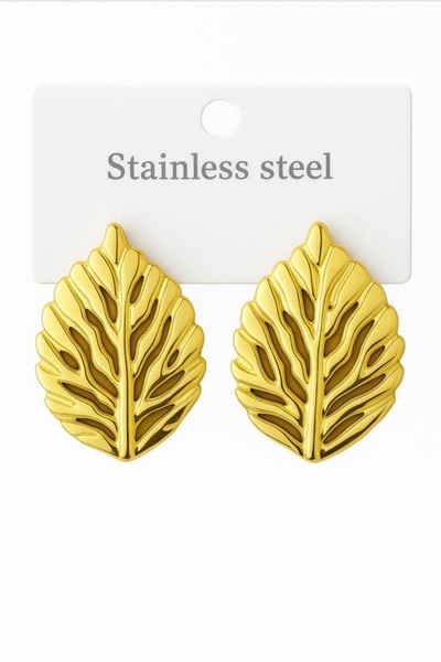 Goche Textured Gold Color Leaf Pattern Stainless Steel Earrings (3.5* 2.3)