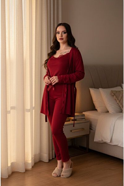 BAMBUTKİDS 3 Parça Sabahlıklı Dantel Kadın Pijama Takımı – Çeyizlik Şık Set, Geniş Beden Seçeneği